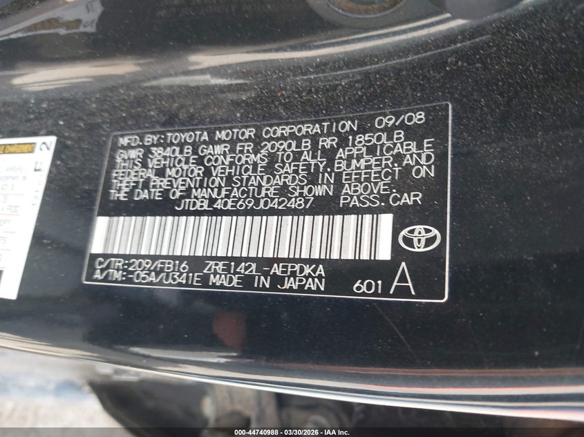 2009 Toyota Corolla VIN JTDBL40E69J042487 IAAI salvage auction — LEFT SIDE, Regular (South Dakota), sold $1,225 on 2026-07-07 (photo 9)