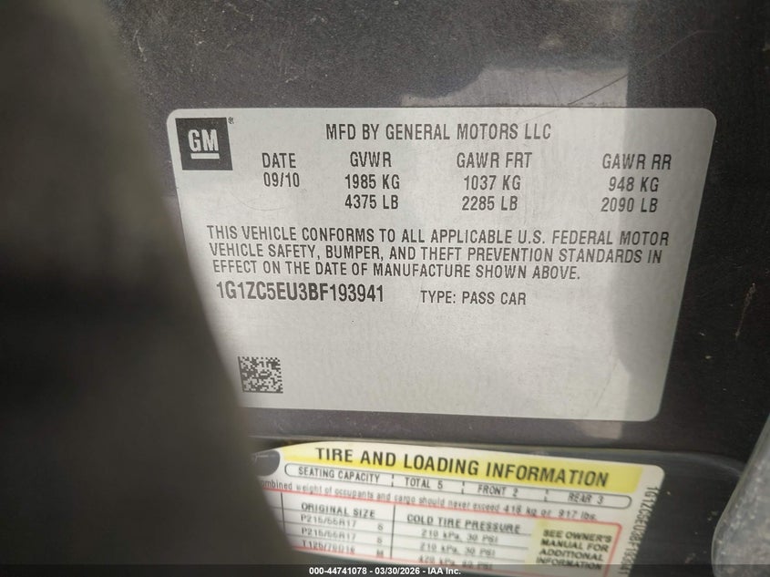 2011 Chevrolet Malibu VIN 1G1ZC5EU3BF193941 IAAI salvage auction — FRONT & REAR, Salvage (Texas), sold $200 on 2026-07-09 (photo 9)