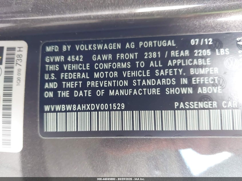 2013 Volkswagen Eos VIN WVWBW8AHXDV001529 IAAI salvage auction — RIGHT SIDE, Rebuildable (Florida), sold $25 on 2026-07-21 (photo 9)