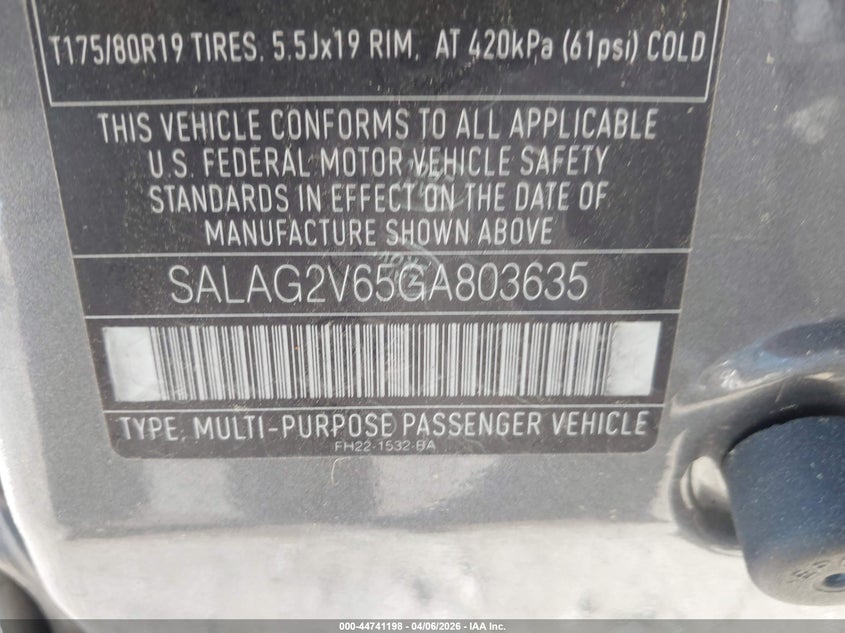 2016 Land rover Lr4 VIN SALAG2V65GA803635 IAAI salvage auction — FRONT END, Clear (Montana), sold $550 on 2026-07-15 (photo 9)