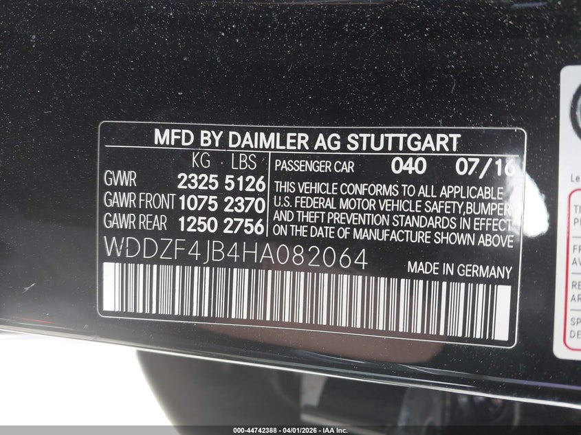 2017 Mercedes-benz E-klasse VIN WDDZF4JB4HA082064 IAAI salvage auction — FRONT END, Salvage (Georgia), sold $3,750 on 2026-07-14 (photo 9)