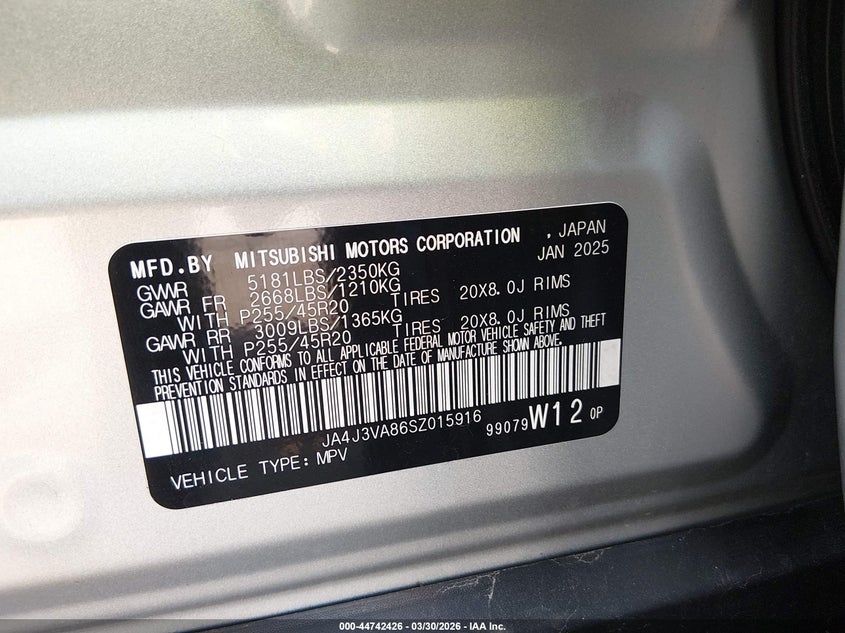 2025 Mitsubishi Outlander VIN JA4J3VA86SZ015916 IAAI salvage auction — FRONT END, Wait Title, sold $9,550 on 2026-08-24 (photo 9)