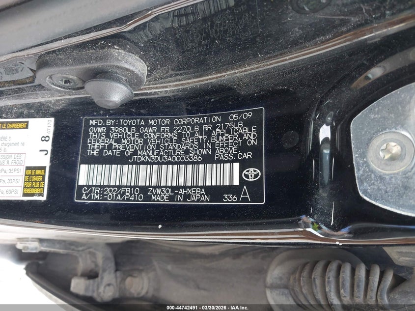 2010 Toyota Prius VIN JTDKN3DU3A0003386 IAAI salvage auction — FRONT END, Salvage (Kentucky), sold $500 on 2026-07-21 (photo 9)