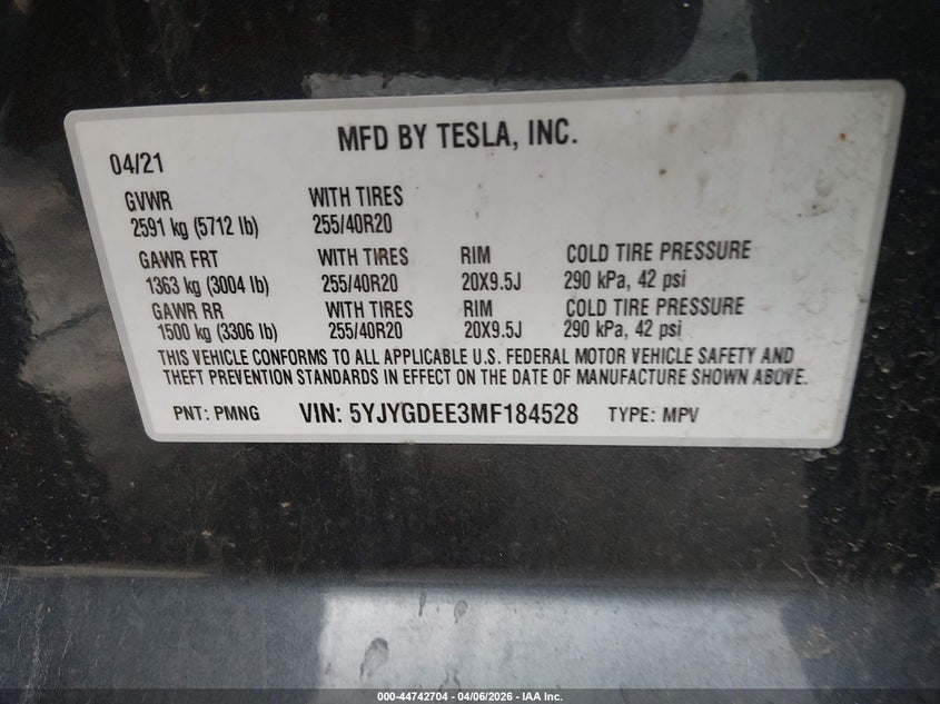 2021 Tesla Model y VIN 5YJYGDEE3MF184528 IAAI salvage auction — FRONT & REAR, Salvage (New Hampshire), sold $6,700 on 2026-07-23 (photo 9)