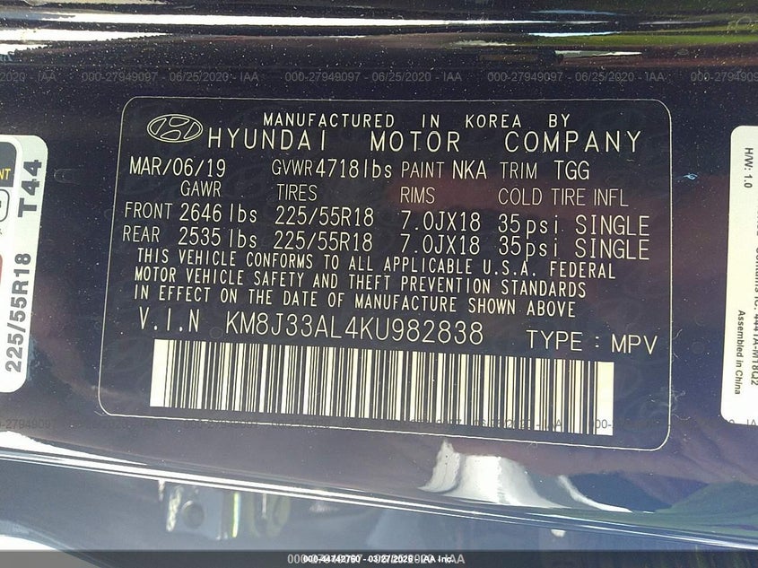 2019 Hyundai Tucson VIN KM8J33AL4KU982838 IAAI salvage auction — REAR END, Wait Title, sold $2,400 on 2026-07-02 (photo 9)