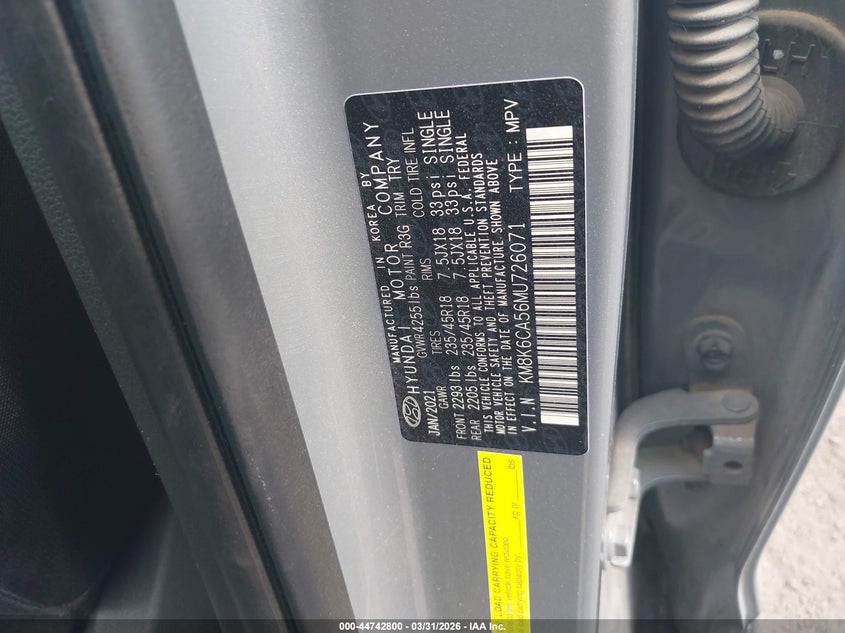 2021 Hyundai Kona VIN KM8K6CA56MU726071 IAAI salvage auction — REAR END, Original (Texas), sold $5,550 on 2026-07-14 (photo 9)