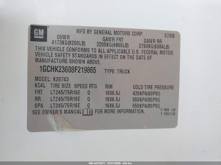 2008 Chevrolet Silverado 2500 VIN 1GCHK23608F219865 IAAI salvage auction — REAR END, Salvage (Missouri), sold $2,850 on 2026-07-20 (photo 9)