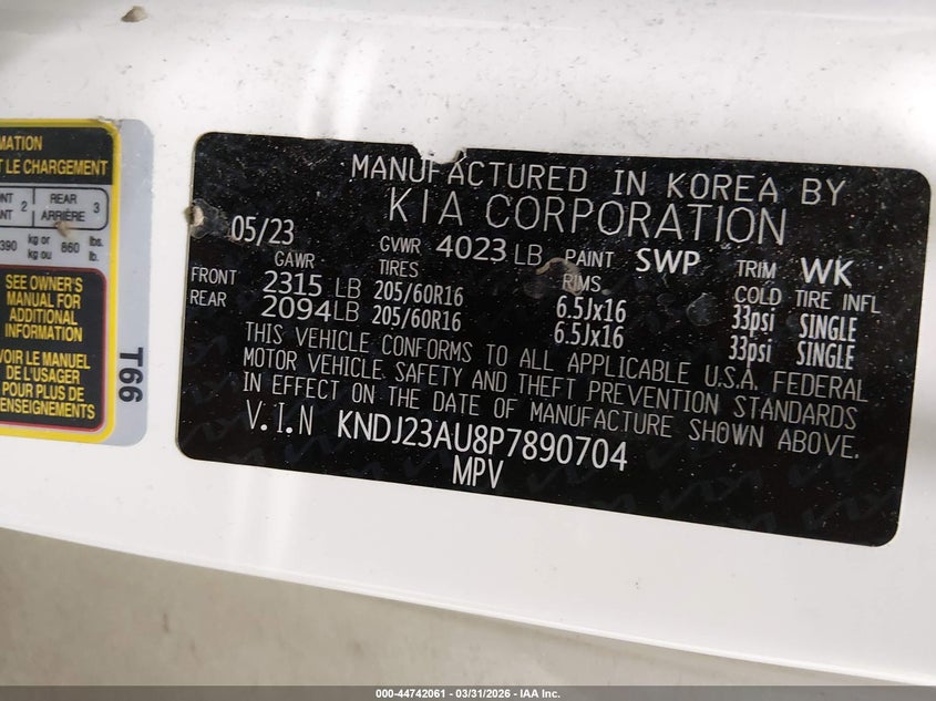 2023 Kia Soul VIN KNDJ23AU8P7890704 IAAI salvage auction — RIGHT SIDE, Bill Of Sale (Alaska), sold $1,450 on 2026-07-31 (photo 9)