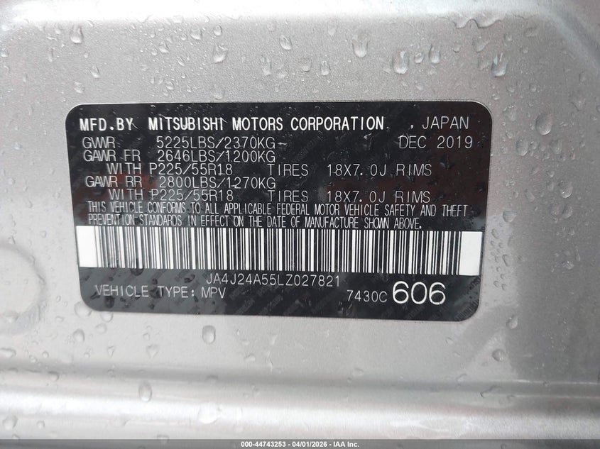2020 Mitsubishi Outlander VIN JA4J24A55LZ027821 IAAI salvage auction — FRONT END, Salvage (Missouri), sold $2,600 on 2026-07-14 (photo 9)