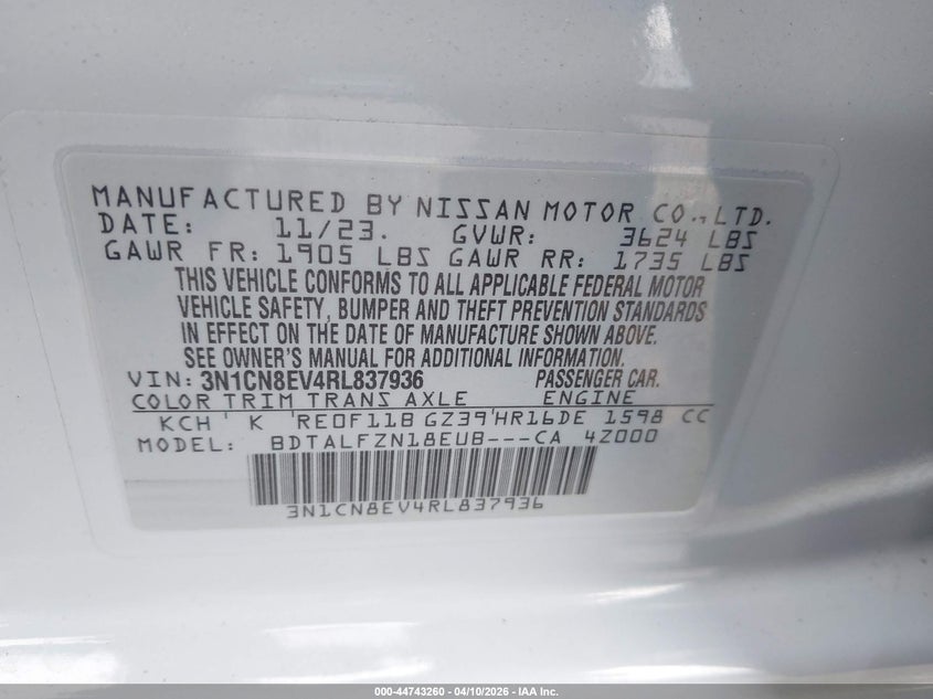 2024 Nissan Versa VIN 3N1CN8EV4RL837936 IAAI salvage auction — FRONT END, Salvage Title, sold $2,125 on 2026-07-09 (photo 9)