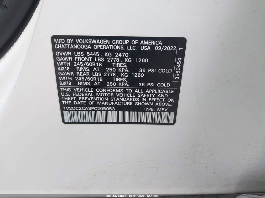 2023 Volkswagen Atlas cross sport VIN 1V2DC2CA3PC205053 IAAI salvage auction — FRONT END, Wait Title, sold $7,100 on 2026-07-29 (photo 9)