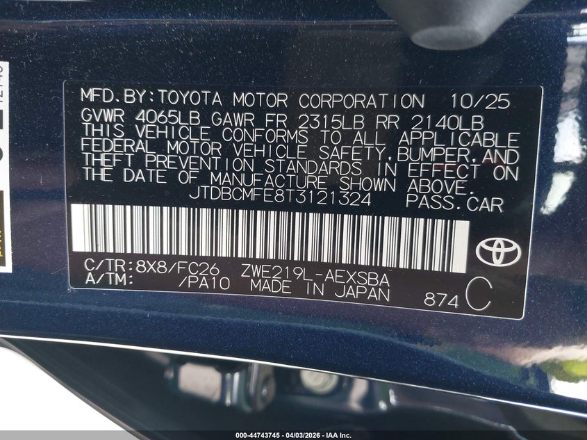 2026 Toyota Corolla VIN JTDBCMFE8T3121324 IAAI salvage auction — FRONT END, Wait Title, sold $10,600 on 2026-08-02 (photo 9)