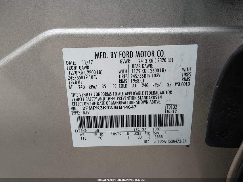 2018 Ford Edge VIN 2FMPK3K92JBB14647 IAAI salvage auction — FRONT END, Salvage (New Jersey), sold $2,050 on 2026-08-01 (photo 9)