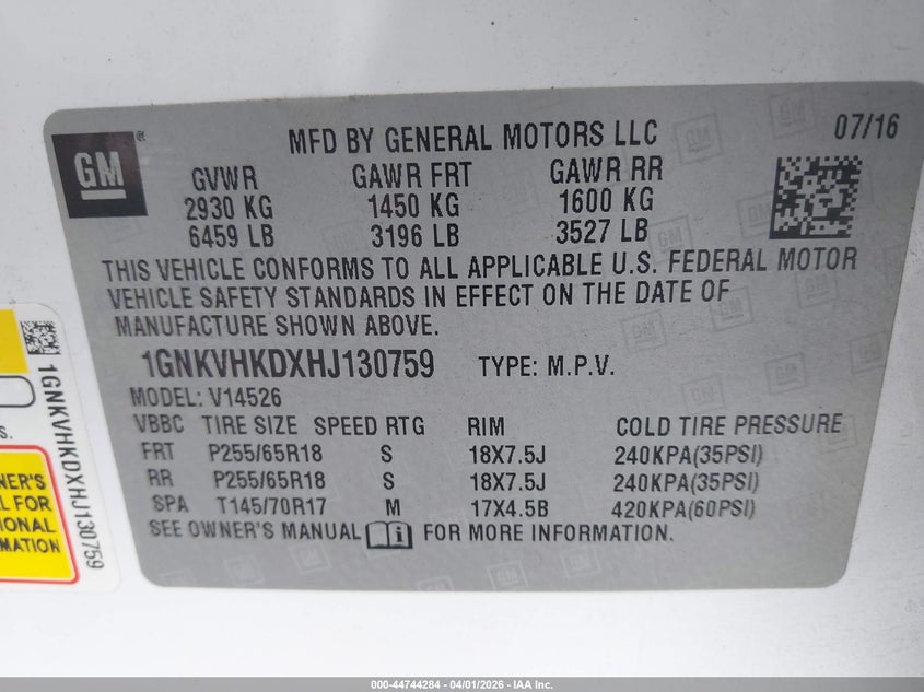 2017 Chevrolet Traverse VIN 1GNKVHKDXHJ130759 IAAI salvage auction — LEFT REAR, Salvage (California), sold $1,625 on 2026-07-09 (photo 9)