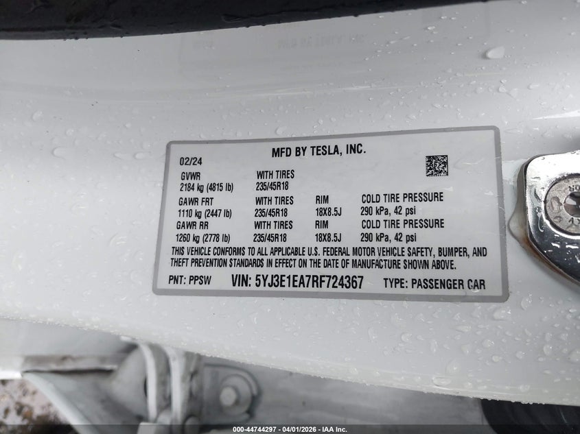 2024 Tesla Model 3 VIN 5YJ3E1EA7RF724367 IAAI salvage auction — REAR END, Wait Title, sold $12,700 on 2026-07-08 (photo 9)