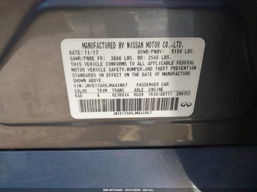 2018 Infiniti Q50 VIN JN1EV7AR6JM441867 IAAI salvage auction — FRONT END, Salvage - Greater Than 75% (Maryland), sold $4,800 on 2026-09-23 (photo 9)