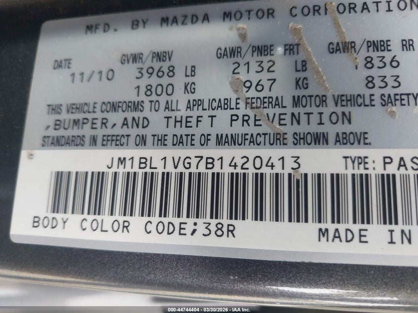 2011 Mazda 3 VIN JM1BL1VG7B1420413 IAAI salvage auction — LEFT FRONT, Salvage (Idaho), sold $600 on 2026-07-13 (photo 9)