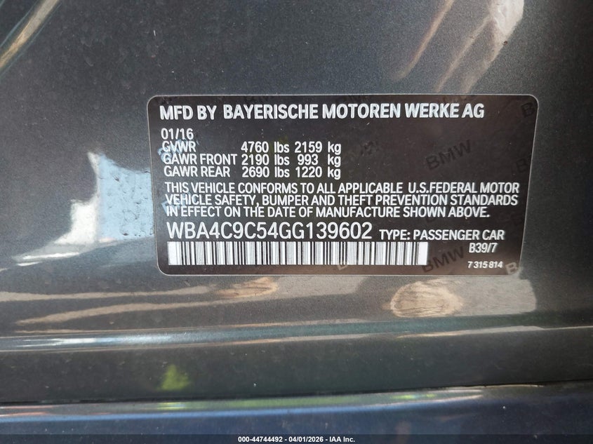 2016 BMW 4er VIN WBA4C9C54GG139602 IAAI salvage auction — WATER/FLOOD, Salvage (Hawaii), sold $1,750 on 2026-08-04 (photo 9)