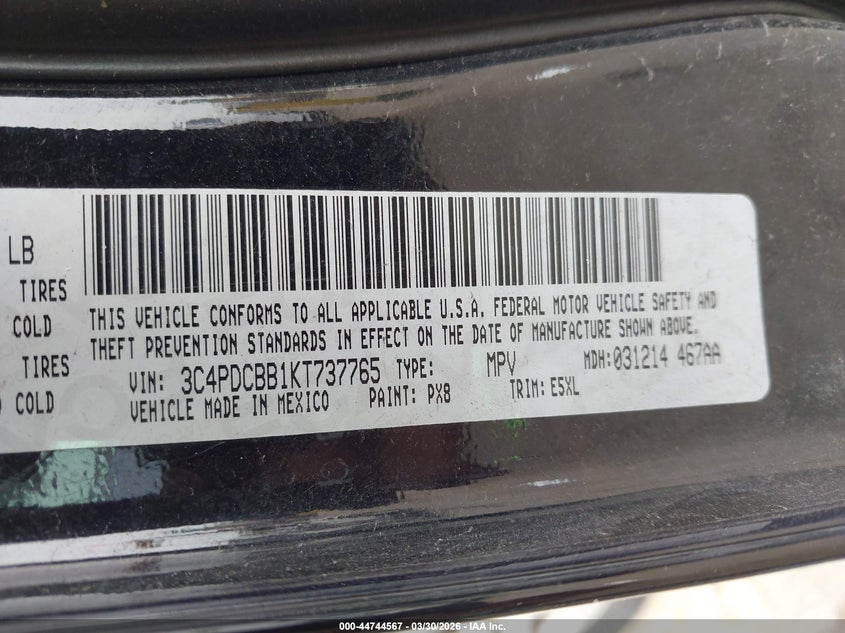 2019 Dodge Journey VIN 3C4PDCBB1KT737765 IAAI salvage auction — FRONT END, Clear-Dealer Only (Montana), sold $800 on 2026-08-15 (photo 9)