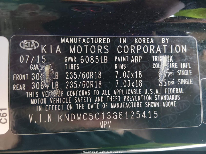 2016 Kia SEDONA VIN KNDMC5C13G6125415 IAAI salvage auction — FRONT END, Salvage (Texas), sold $1,400 on 2026-07-29 (photo 9)