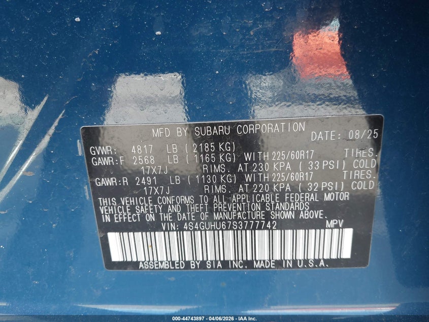 2025 Subaru Crosstrek VIN 4S4GUHU67S3777742 IAAI salvage auction — FRONT END, Salvage (New Jersey), sold $7,100 on 2026-07-29 (photo 9)