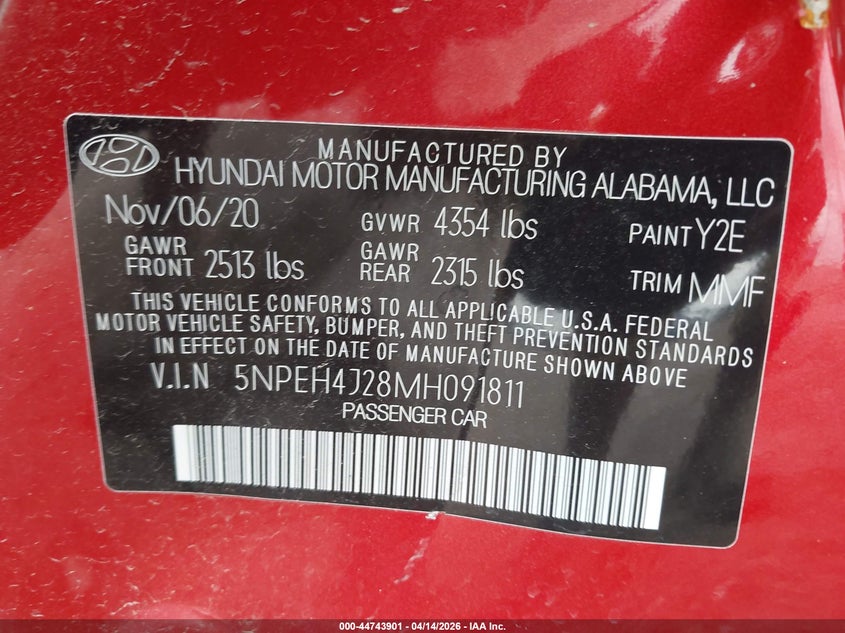 2021 Hyundai Sonata VIN 5NPEH4J28MH091811 IAAI salvage auction — LEFT SIDE, Salvage (Texas), sold $4,300 on 2026-07-09 (photo 9)