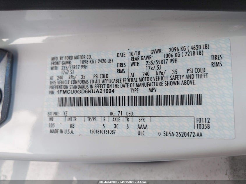 2019 Ford Escape VIN 1FMCU0GD6KUA21694 IAAI salvage auction — NORMAL WEAR, Clear (California), sold $1,750 on 2026-07-09 (photo 9)