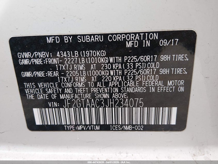 2018 Subaru Xv VIN JF2GTAAC3JH234075 IAAI salvage auction — SUSPENSION, Salvage (Colorado), sold $775 on 2026-07-07 (photo 9)