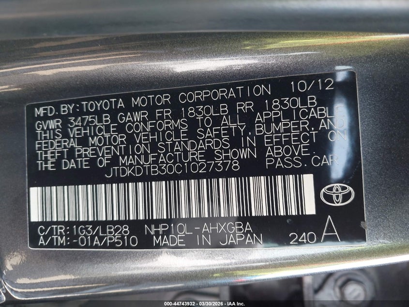 2012 Toyota Prius c VIN JTDKDTB30C1027378 IAAI salvage auction — RIGHT FRONT, Wait Title, sold $1,275 on 2026-07-06 (photo 9)