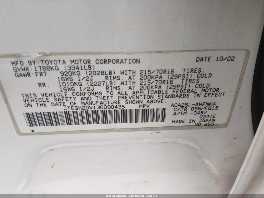 2003 Toyota Rav4 VIN JTEGH20V130090435 IAAI salvage auction — FRONT & REAR, Salvage (Nevada), sold $275 on 2026-07-24 (photo 9)