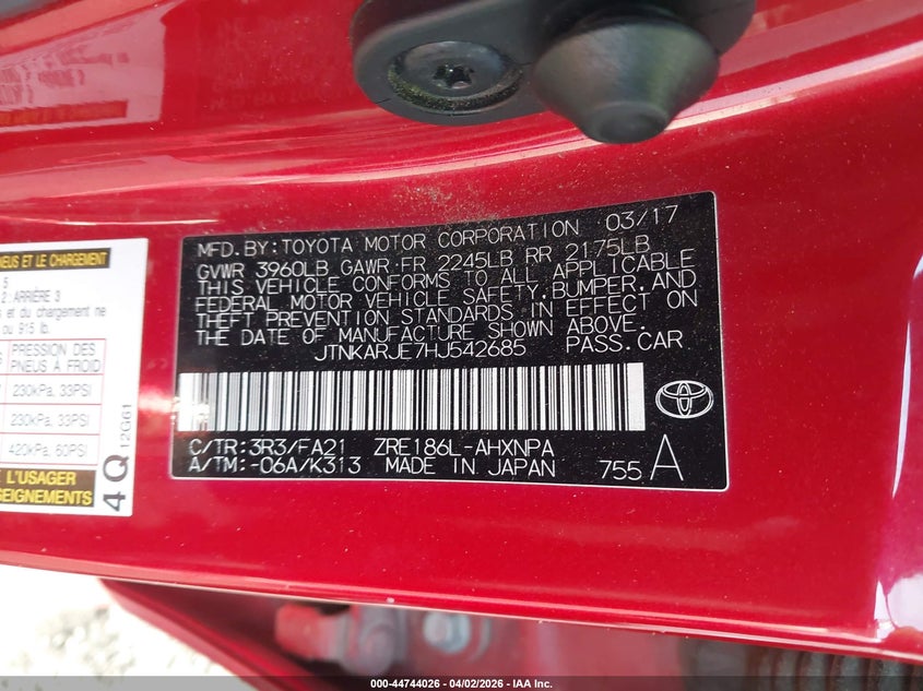 2017 Toyota Corolla VIN JTNKARJE7HJ542685 IAAI salvage auction — FRONT END, Wait Title, sold $1,025 on 2026-08-14 (photo 9)