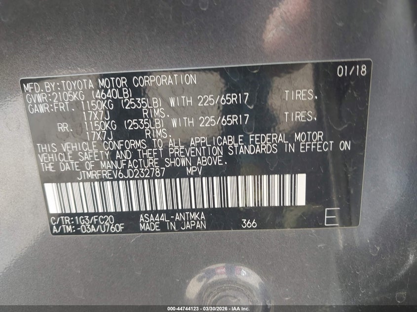2018 Toyota Rav 4 VIN JTMRFREV6JD232787 IAAI salvage auction — FRONT END, Salvage (Colorado), sold $2,575 on 2026-07-29 (photo 9)
