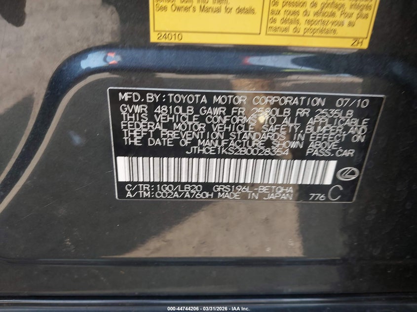 2011 Lexus Gs VIN JTHCE1KS2B0028354 IAAI salvage auction — REAR END, Clear (Virginia), sold $1,300 on 2026-07-29 (photo 9)