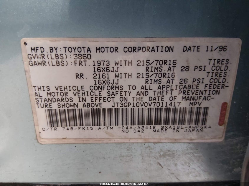 1997 Toyota Rav 4 VIN JT3GP10V0V7011417 IAAI salvage auction — UNKNOWN, Clear (Nevada), sold $800 on 2026-07-31 (photo 9)