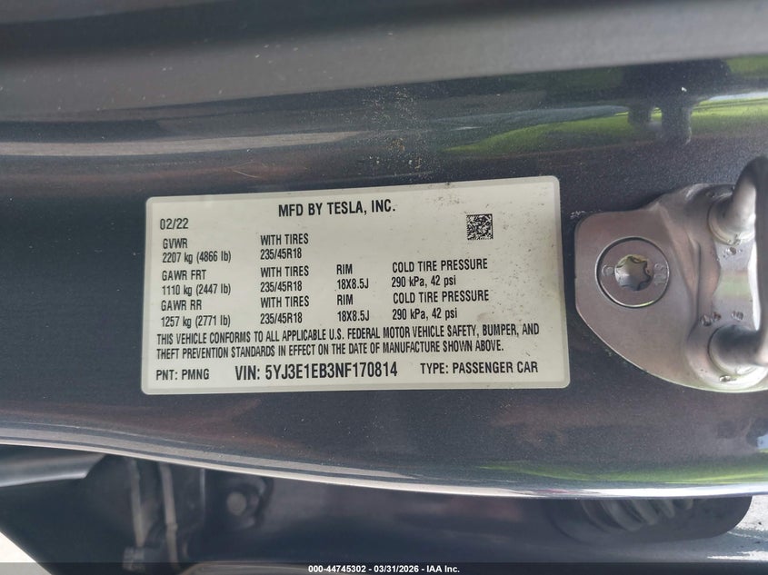 2022 Tesla Model 3 VIN 5YJ3E1EB3NF170814 IAAI salvage auction — FRONT END, Original (Texas), sold $6,600 on 2026-07-18 (photo 9)