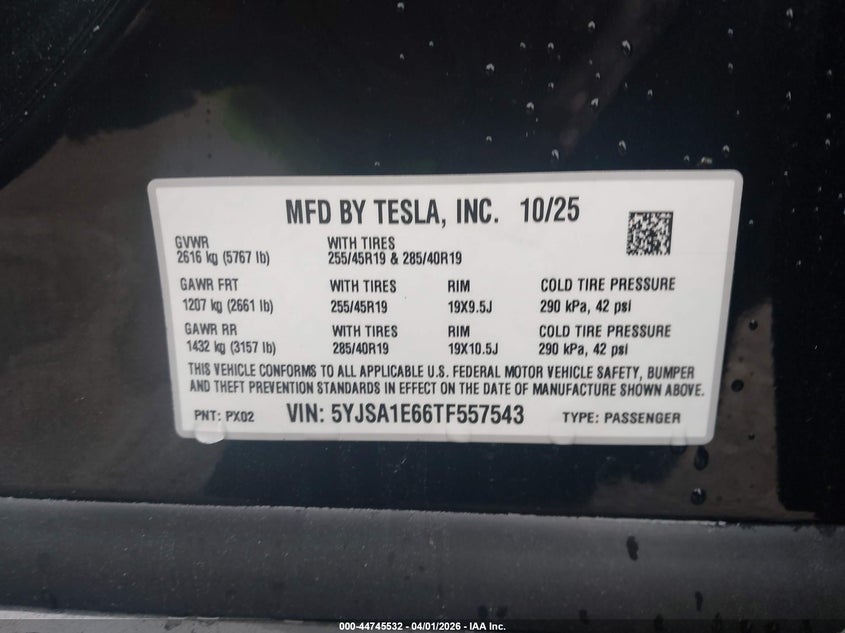 2026 Tesla Model s VIN 5YJSA1E66TF557543 IAAI salvage auction — FRONT END, Wait Title, sold $44,750 on 2026-07-08 (photo 9)