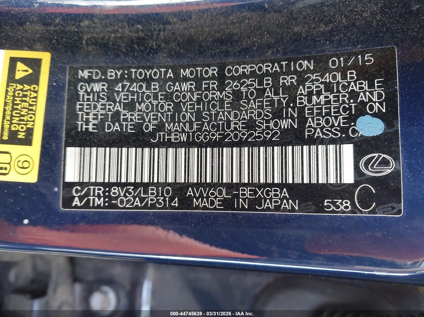 2015 Lexus ES VIN JTHBW1GG9F2092592 IAAI salvage auction — FRONT END, Wait Title, sold $2,775 on 2026-07-09 (photo 9)