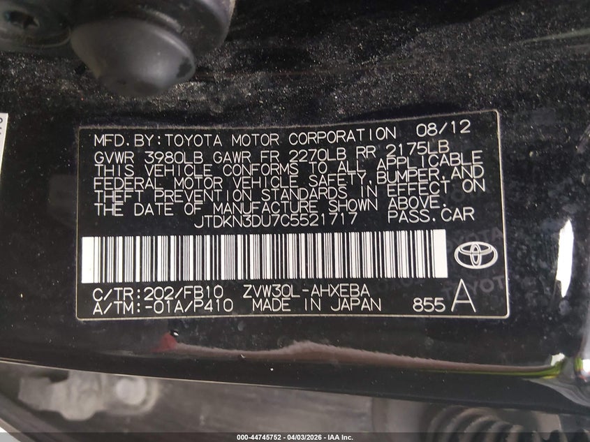 2012 Toyota Prius VIN JTDKN3DU7C5521717 IAAI salvage auction — FRONT END, Wait Title, sold $1,300 on 2026-07-13 (photo 9)