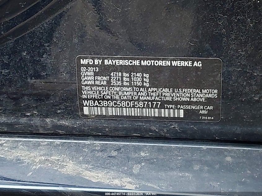 2013 BMW 3er VIN WBA3B9C58DF587177 IAAI salvage auction — SUSPENSION, Wait Title, sold $375 on 2026-07-21 (photo 9)