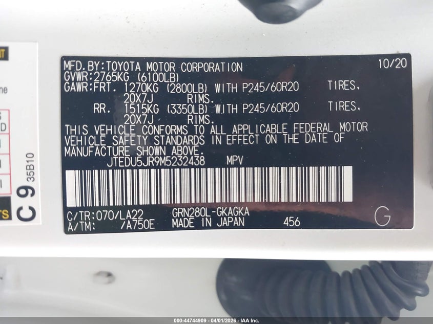 2021 Toyota 4runner VIN JTEDU5JR9M5232438 IAAI salvage auction — REAR END, Salvage (California), sold $10,125 on 2026-07-29 (photo 9)