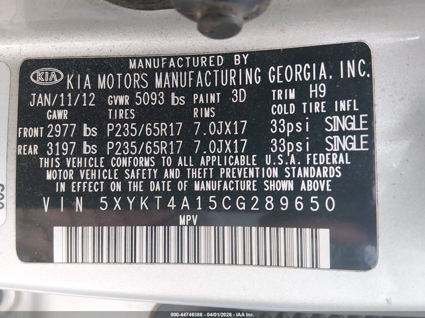 2012 Kia Sorento VIN 5XYKT4A15CG289650 IAAI salvage auction — RIGHT SIDE, Wait Title, sold $900 on 2026-07-29 (photo 9)