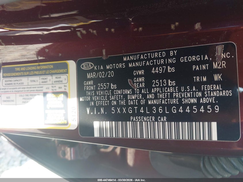 2020 Kia Optima VIN 5XXGT4L36LG445459 IAAI salvage auction — LEFT REAR, Salvage (Georgia), sold $1,950 on 2026-07-13 (photo 9)