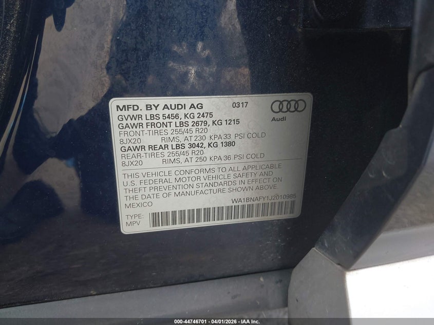 2018 Audi Q5 VIN WA1BNAFY1J2010985 IAAI salvage auction — LEFT REAR, Clear (South Carolina), sold $12,500 on 2026-07-08 (photo 9)