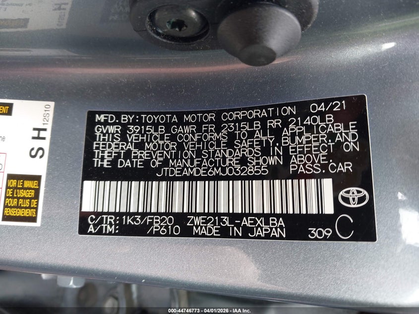 2021 Toyota Corolla VIN JTDEAMDE6MJ032855 IAAI salvage auction — REAR END, Wait Title, sold $4,300 on 2026-07-09 (photo 9)