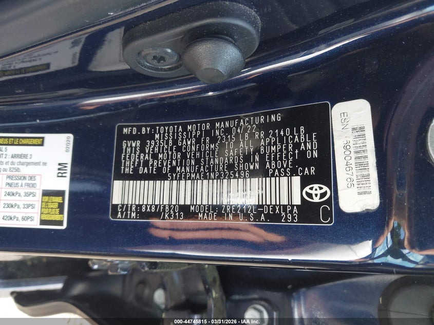 2022 Toyota Corolla VIN 5YFEPMAE1NP325496 IAAI salvage auction — RIGHT SIDE, Salvage (Georgia), sold $3,550 on 2026-07-08 (photo 9)