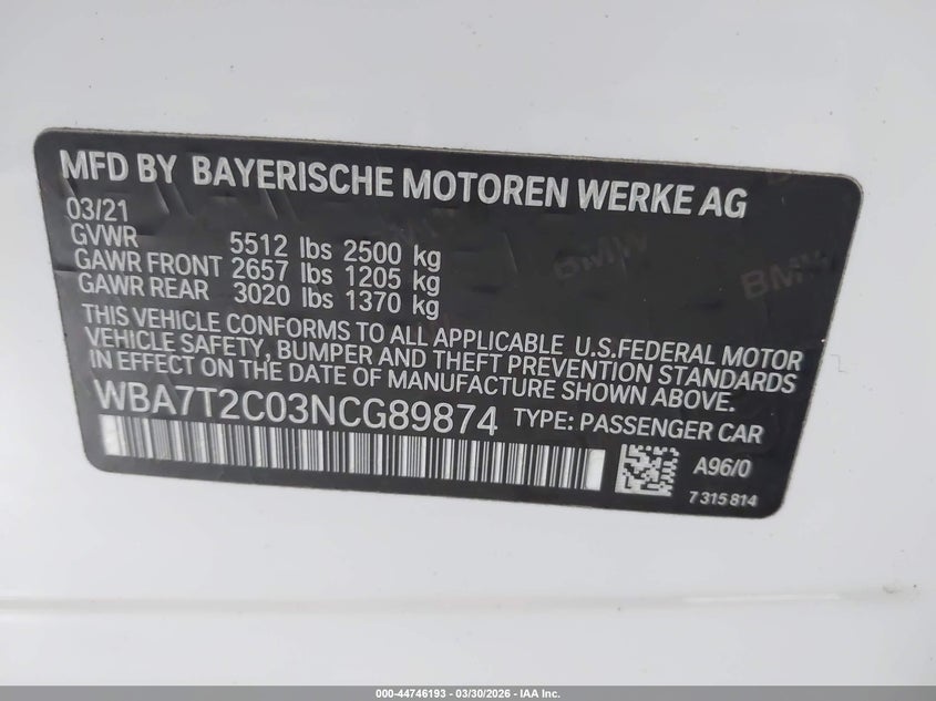 2022 BMW 7er VIN WBA7T2C03NCG89874 IAAI salvage auction — FRONT END, Salvage (Arizona), sold $14,950 on 2026-07-13 (photo 9)