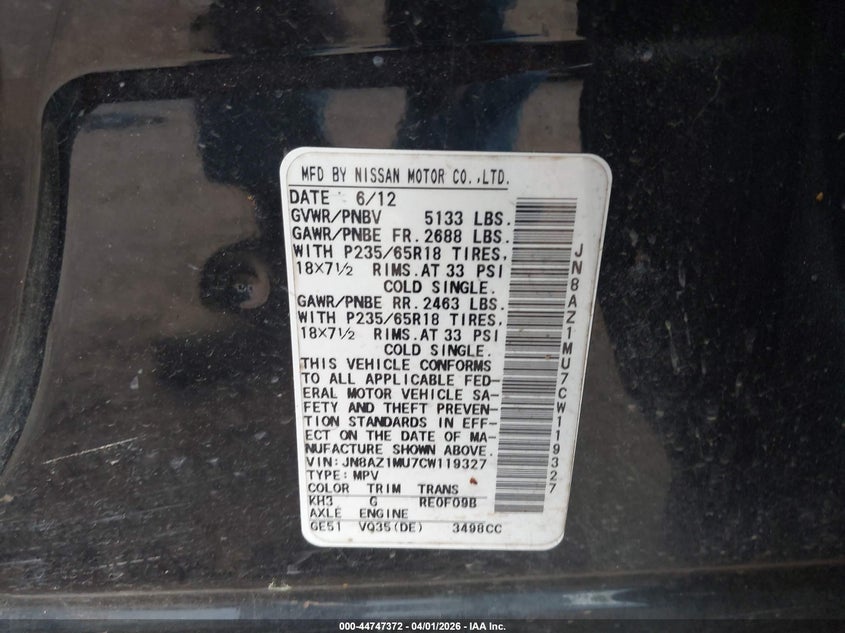 2012 Nissan Murano VIN JN8AZ1MU7CW119327 IAAI salvage auction — Burn Interior, Salvage (Alabama), sold $25 on 2026-07-29 (photo 9)