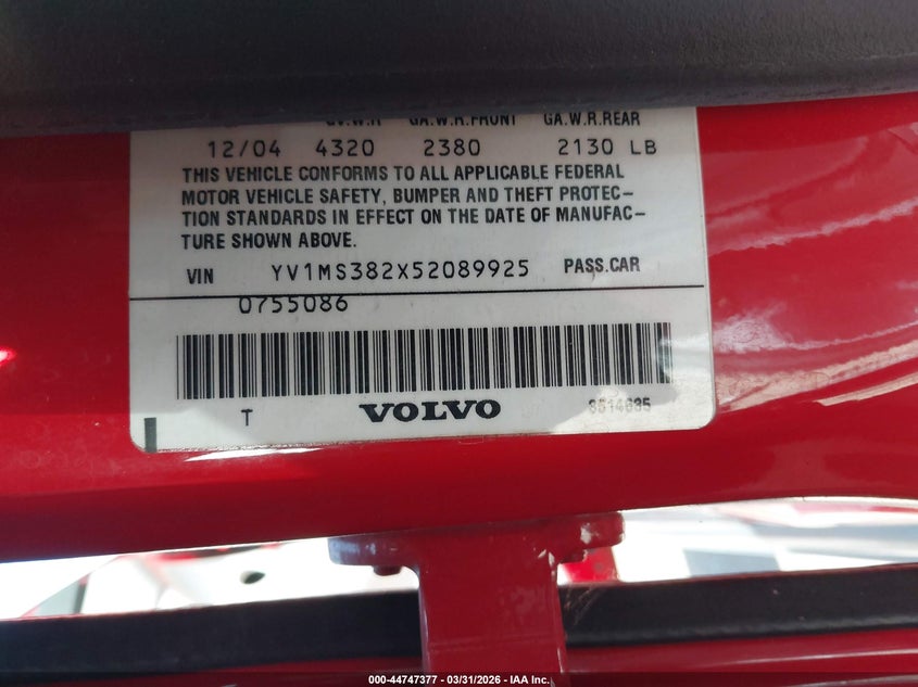 2005 Volvo S40 VIN YV1MS382X52089925 IAAI salvage auction — NORMAL WEAR, Clear (Michigan), sold $1,225 on 2026-07-13 (photo 9)