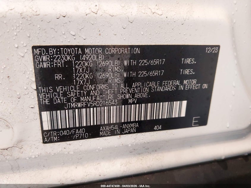 2024 Toyota Rav 4 VIN JTMRWRFV5RD216543 IAAI salvage auction — FRONT END, Wait Title, sold $14,250 on 2026-07-15 (photo 9)