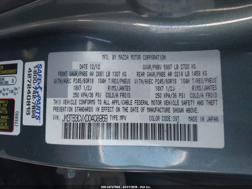 2013 Mazda Cx-9 VIN JM3TB3CVXD0408969 IAAI salvage auction — LEFT FRONT, Salvage (Georgia), sold $450 on 2026-07-08 (photo 9)